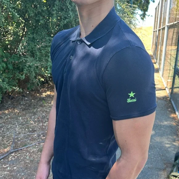 GUCCI SHOOTING LUCKY STAR NEON VOLT GREEN NAVY BLUE UNIFORM POLO SHIRT TENNIS S - Picture 8 of 16
